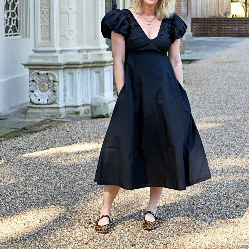 Abercrombie Puff Sleeve Plunge Midi Dress Black V Neck Cotton Blend Poplin Small - Picture 9 of 9